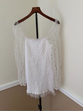 White Smocked Dress with Polka Dot Sheer Puff Sleeves bridal engagement mini